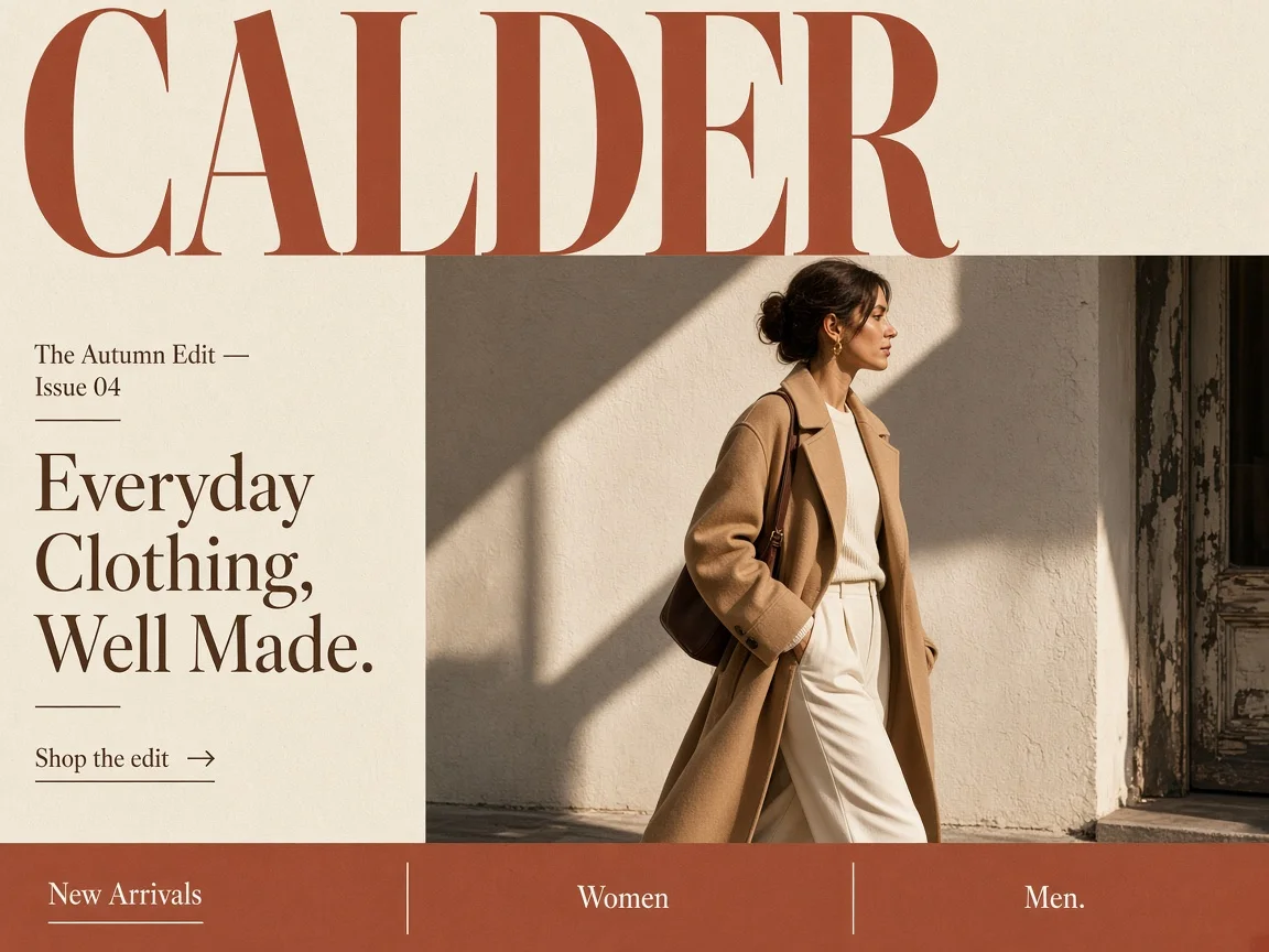 The home page of Calder, a everyday clothing store made with Photon Stores