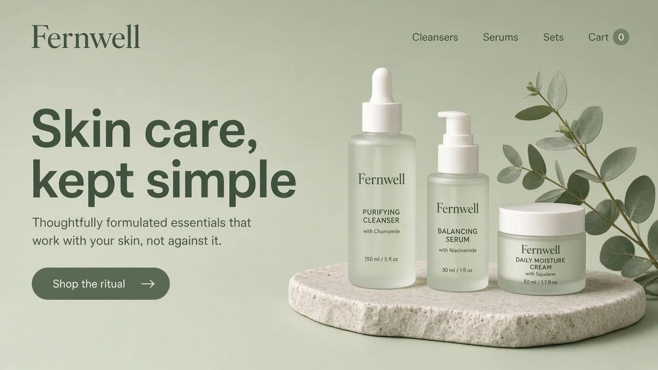 The home page of Fernwell, a skincare store made with Photon Stores