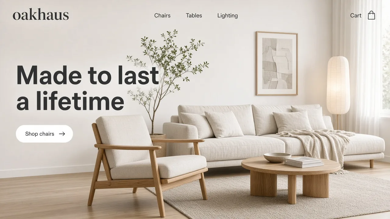 The home page of Oakhaus, a furniture store made with Photon Stores