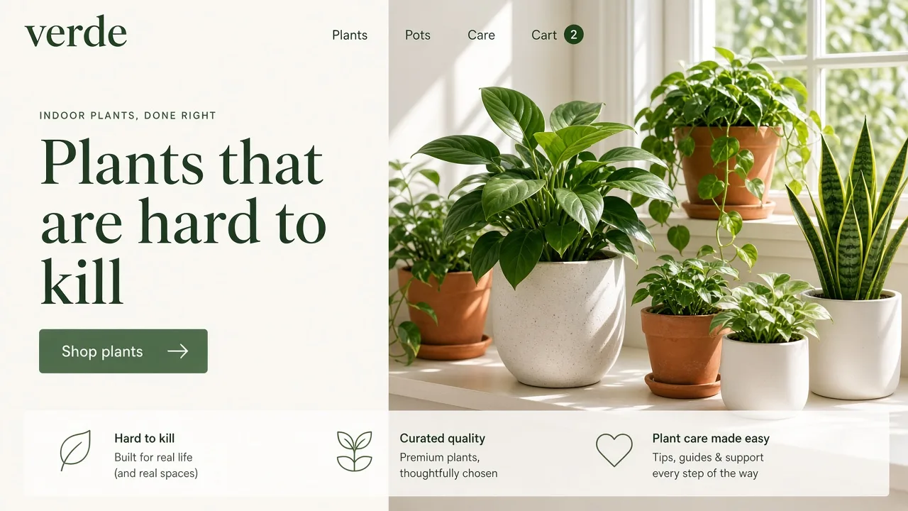 The home page of Verde, a indoor plants store made with Photon Stores